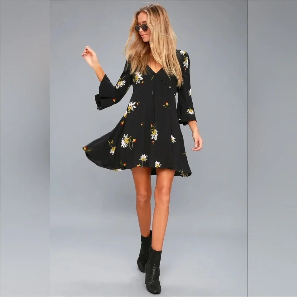 Free People- Time On My Side Black Floral Print Wrap Dress - Picture 2 of 12